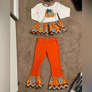 Girls Ann Loren matching pumpkin thanksgiving outfit
